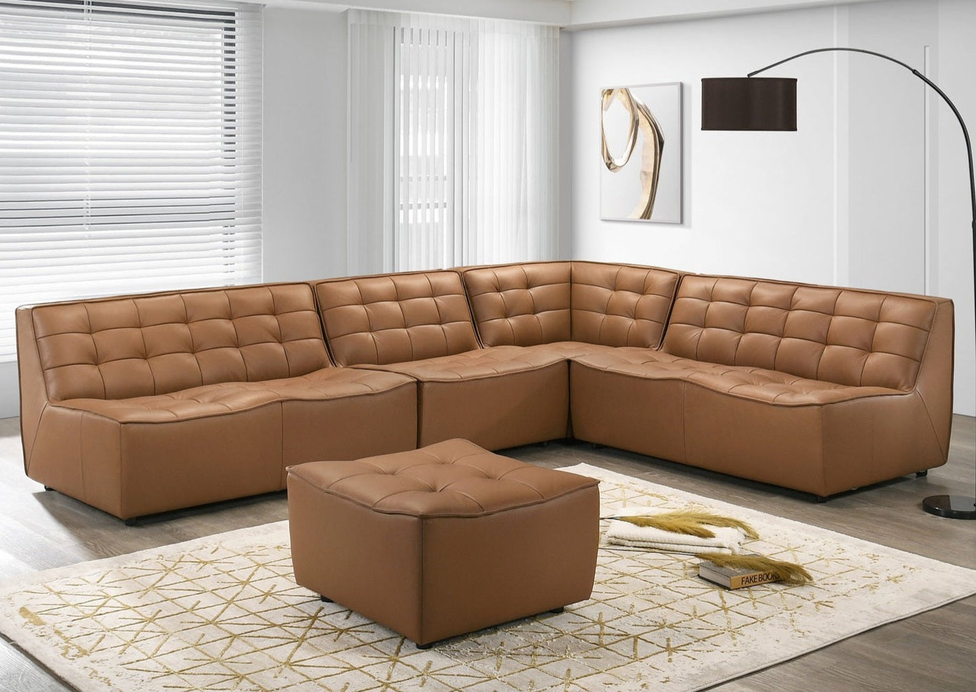 London Mid-Century Modern Brown Genuine Leather Corner Modular Sofa