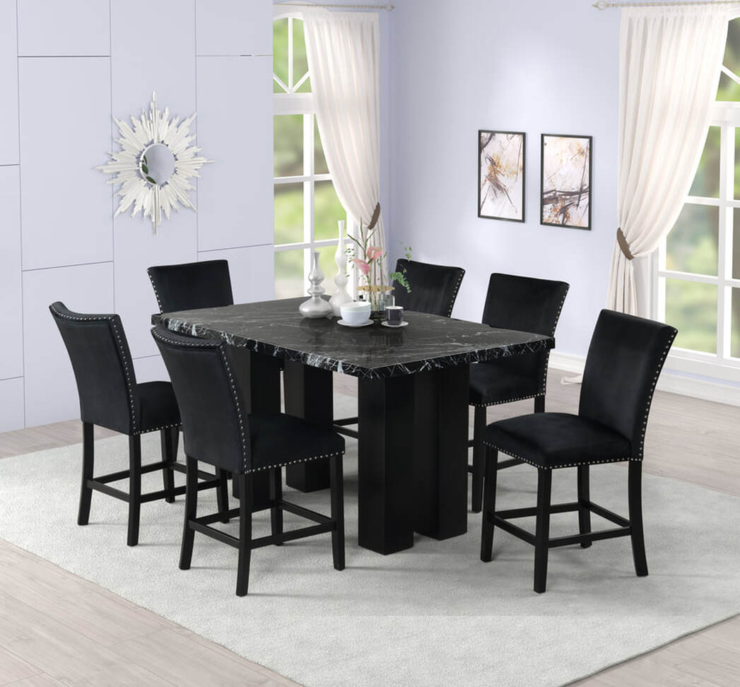 Grand Onyx/Black Velvet  7pc Counter Height  Set 2220  (FAUX MARBLE)