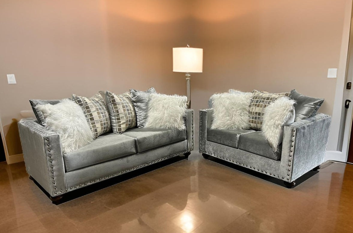 S315 Silver Velvet Sofa and Loveseat