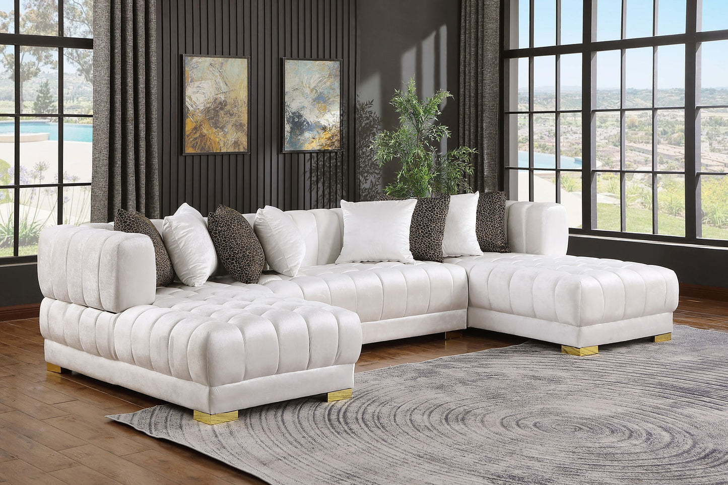 Dasha White Velvet Double Chaise Sectional S8155