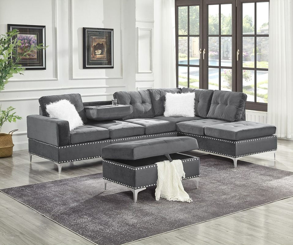 Joy Gray Velvet Reversible Sectional with Ottoman S123