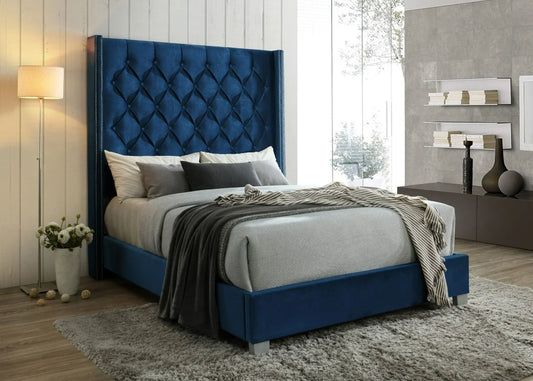 Beverly Navy Velvet Queen Panel Bed B9840