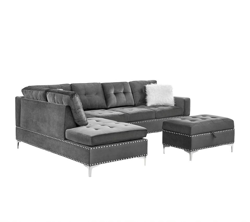 Joy Gray Velvet Reversible Sectional with Ottoman S123