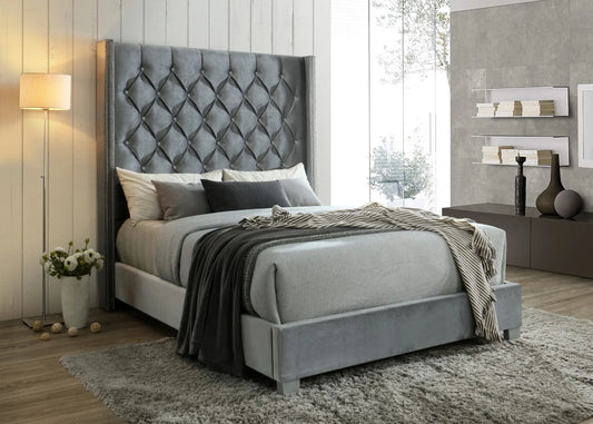 Beverly Gray Velvet King Panel Bed B9830