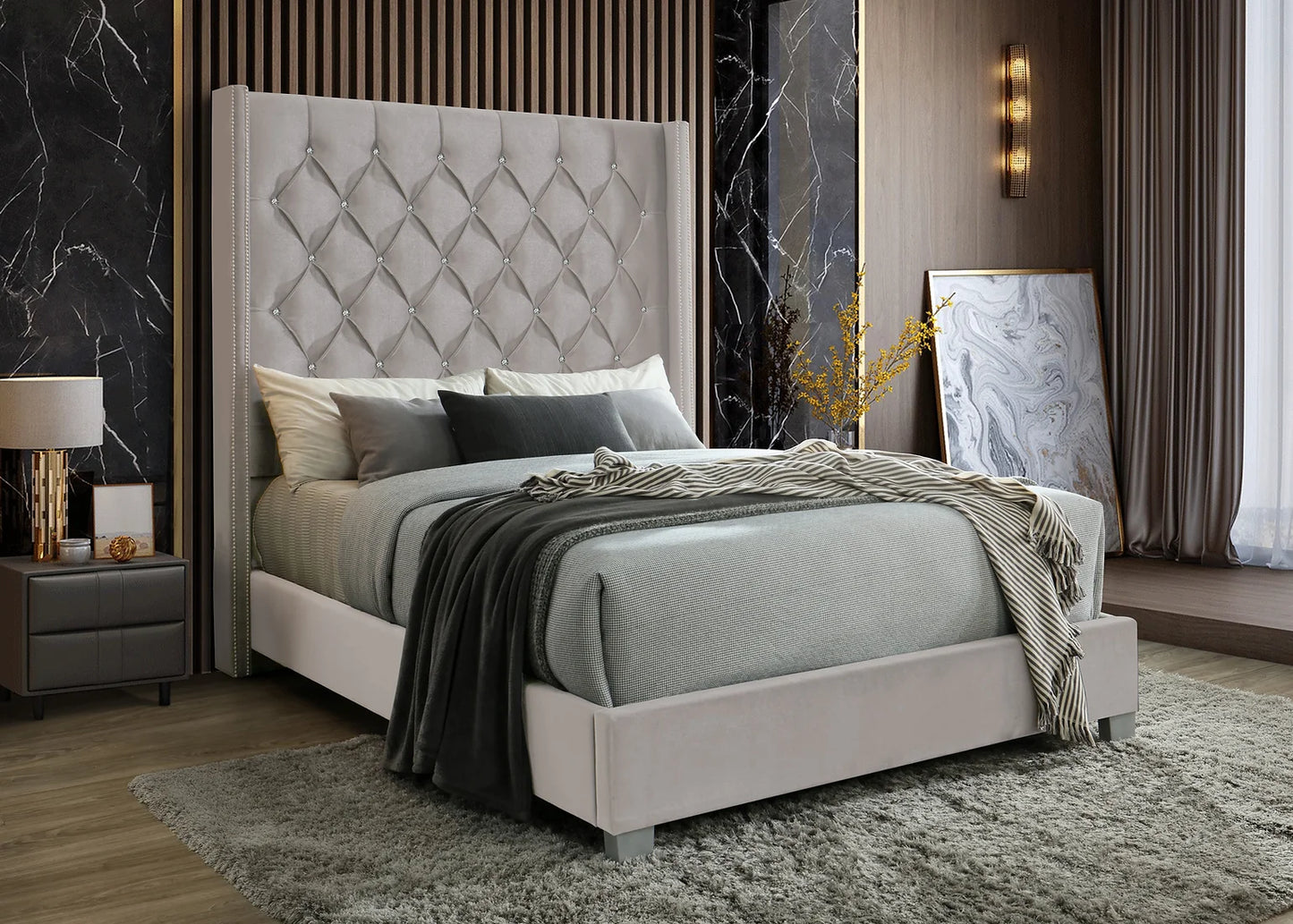 Beverly Champagne Velvet Queen Panel Bed B9830