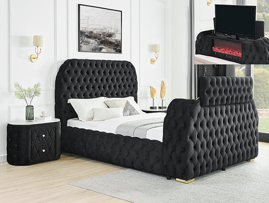 Natalia Black Velvet FIREPLACE/TV STAND Queen Panel Bed 5115