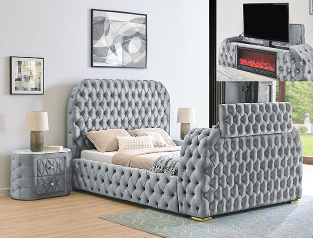 Natalia Grey Velvet FIREPLACE/TV STAND King Panel Bed 5115