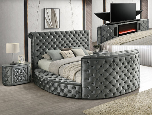 Voltare Grey Velvet FIREPLACE/TV STAND Queen Platform Bed 5212