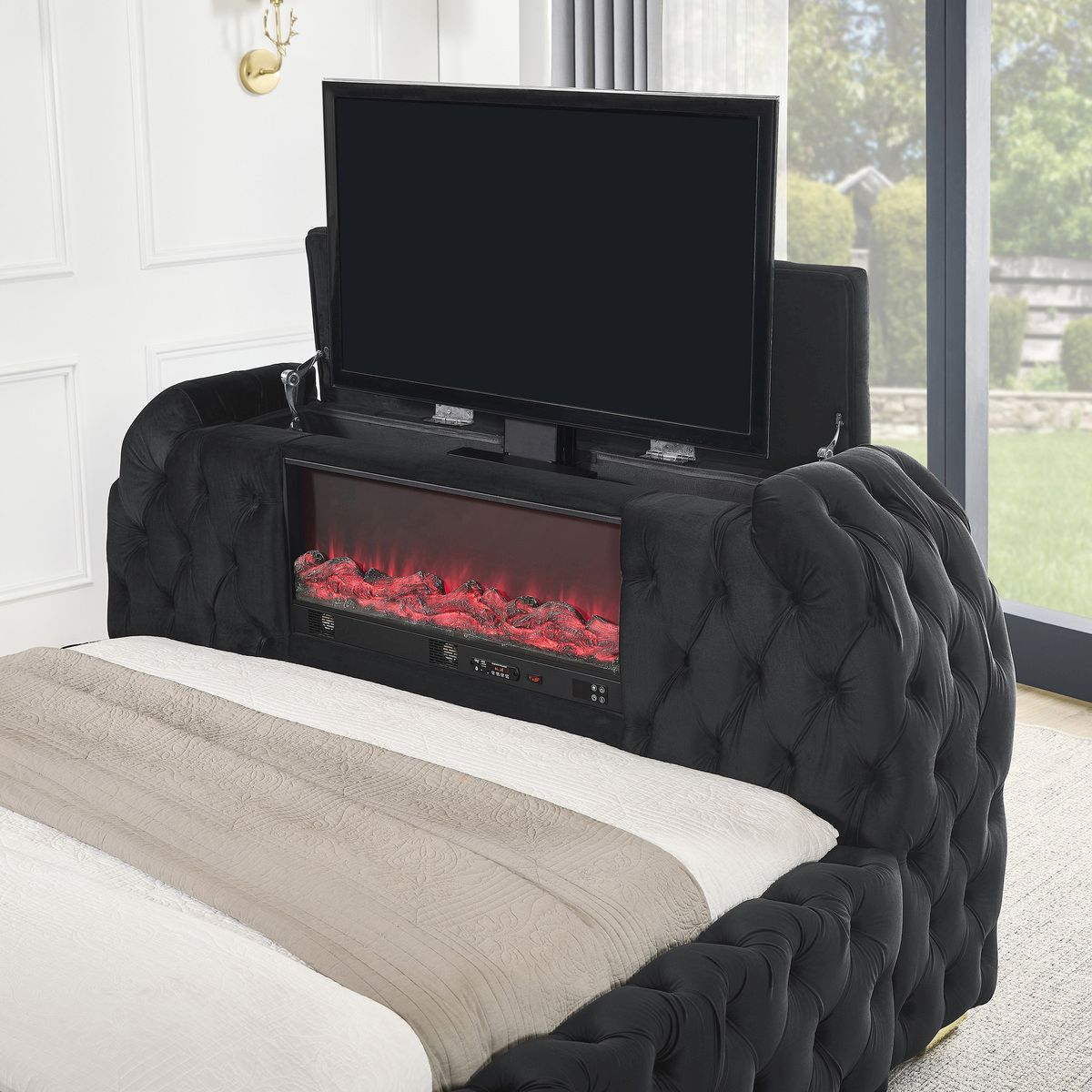 Natalia Black Velvet FIREPLACE/TV STAND King Panel Bed 5115