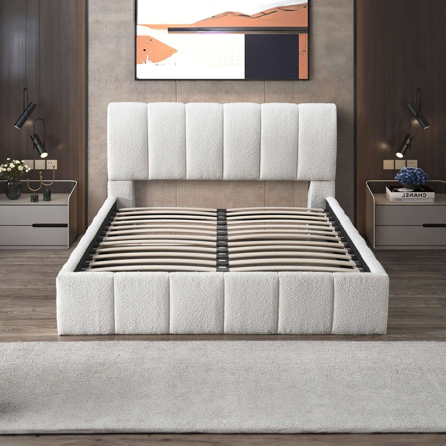 Hilar Mid-Century Modern White Boucle King Platform Bed