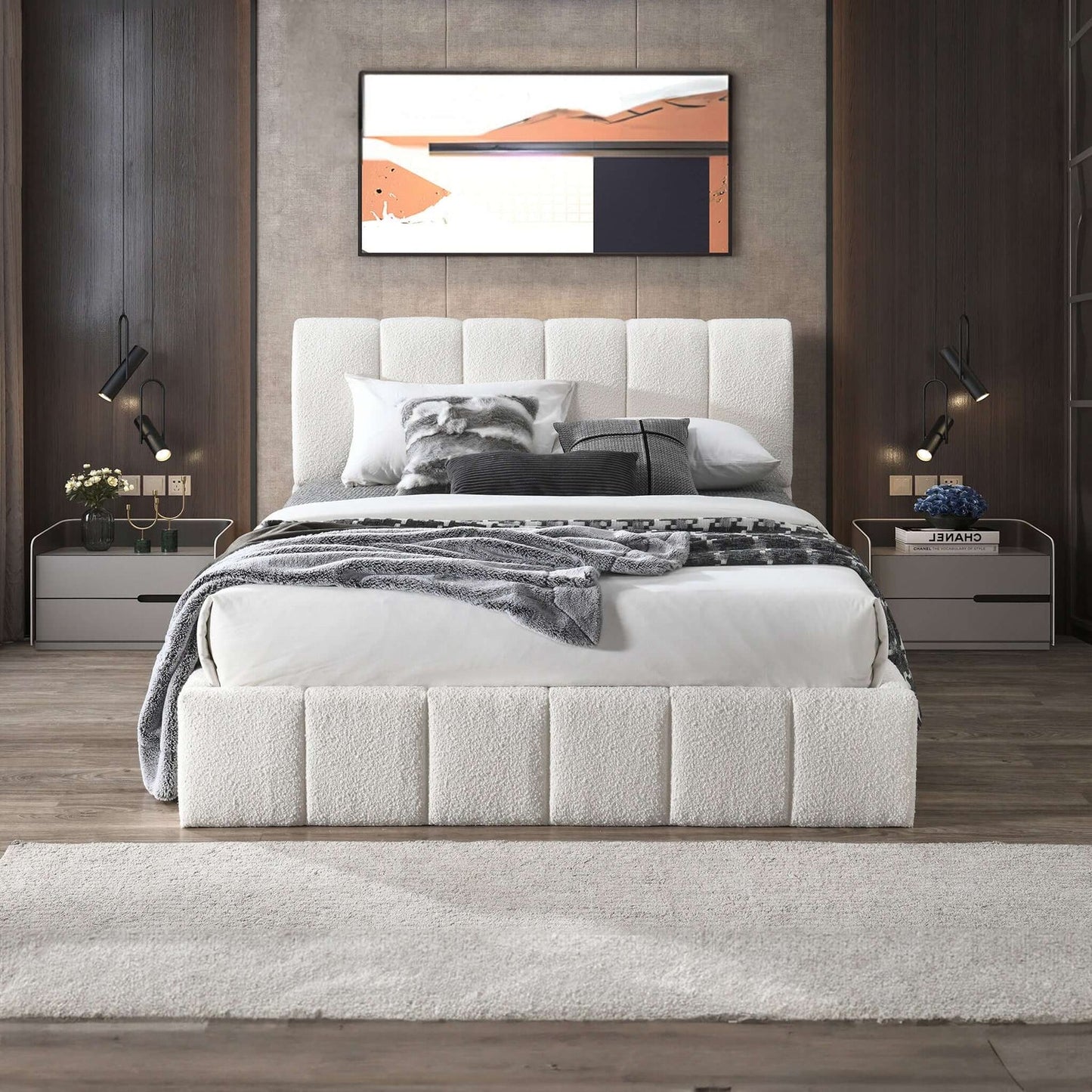 Hilar Mid-Century Modern White Boucle King Platform Bed