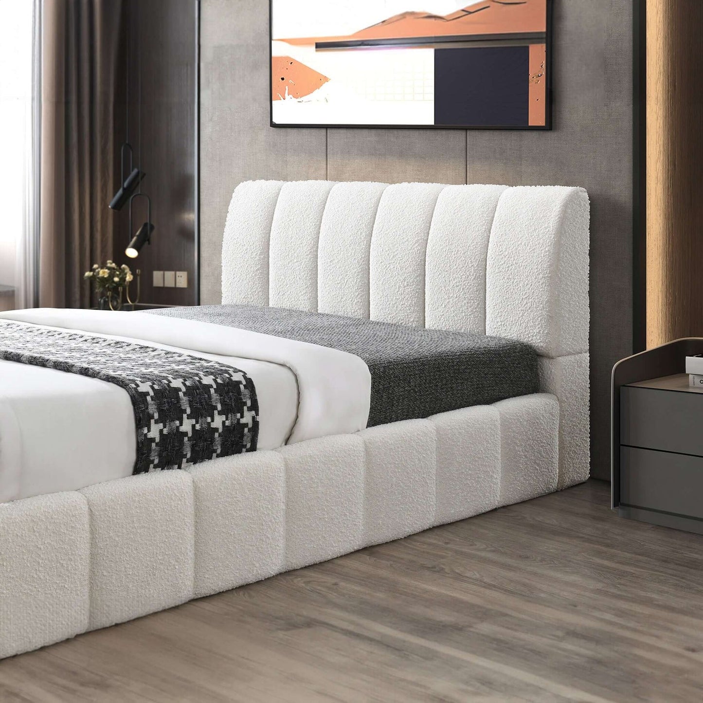 Hilar Mid-Century Modern White Boucle King Platform Bed