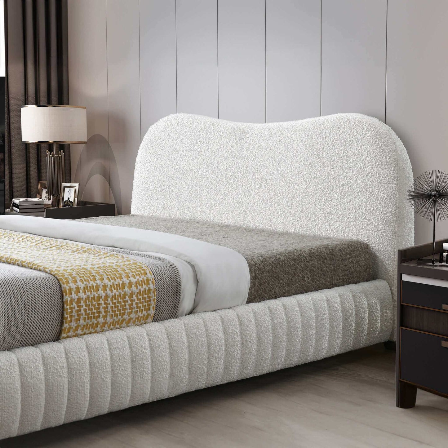 Norme Cream Boucle Upholstered Low Profile Queen Size Platform Bed