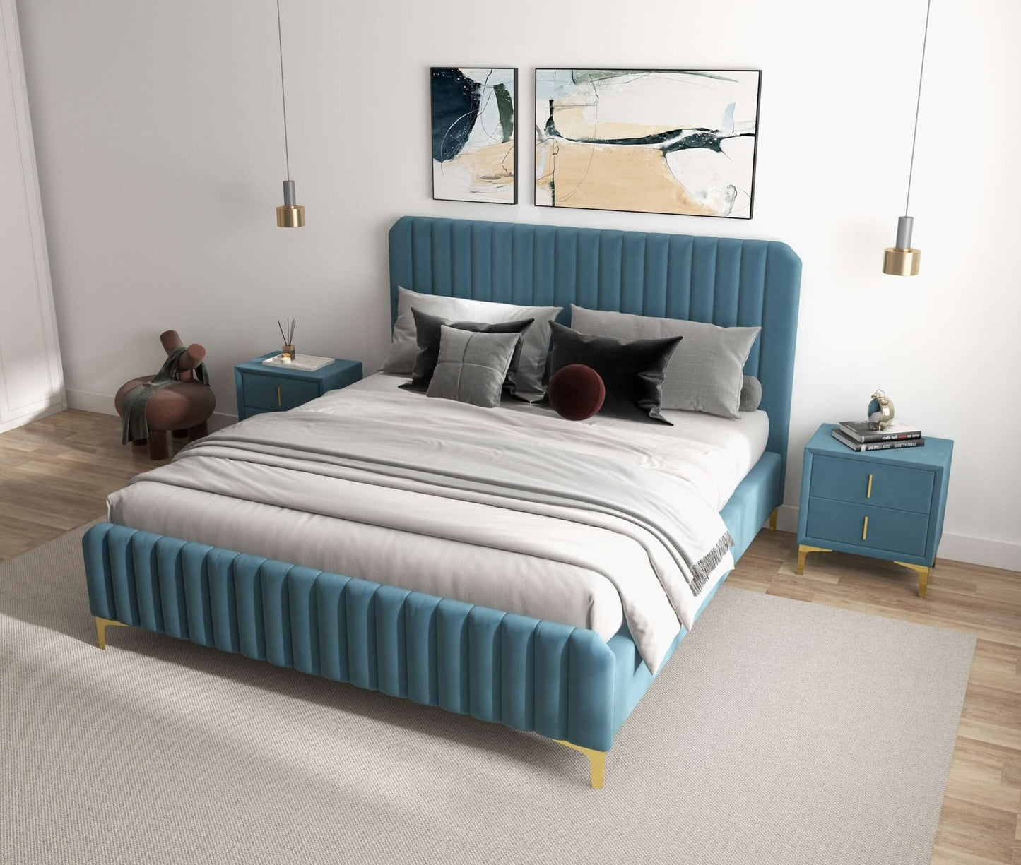 Bethany Sea Blue Velvet Upholstered King Platform Bed