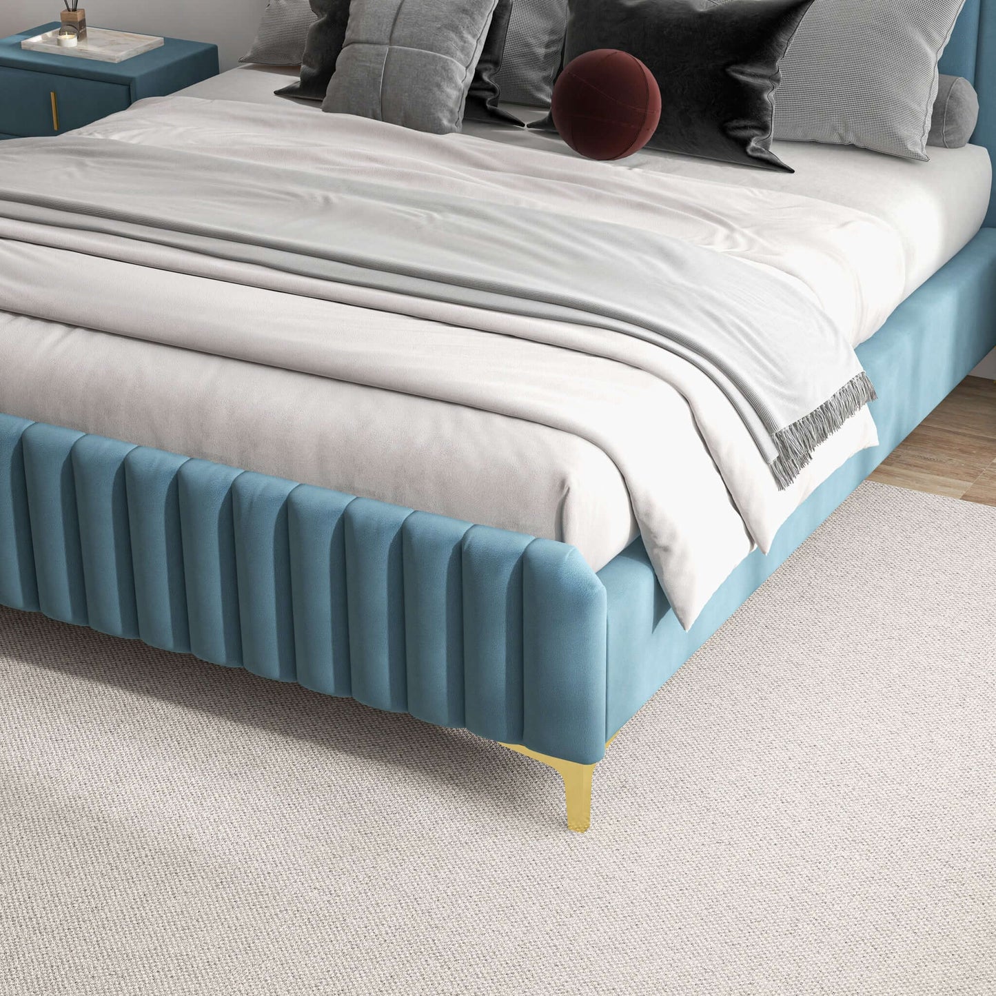 Bethany Sea Blue Velvet Upholstered King Platform Bed