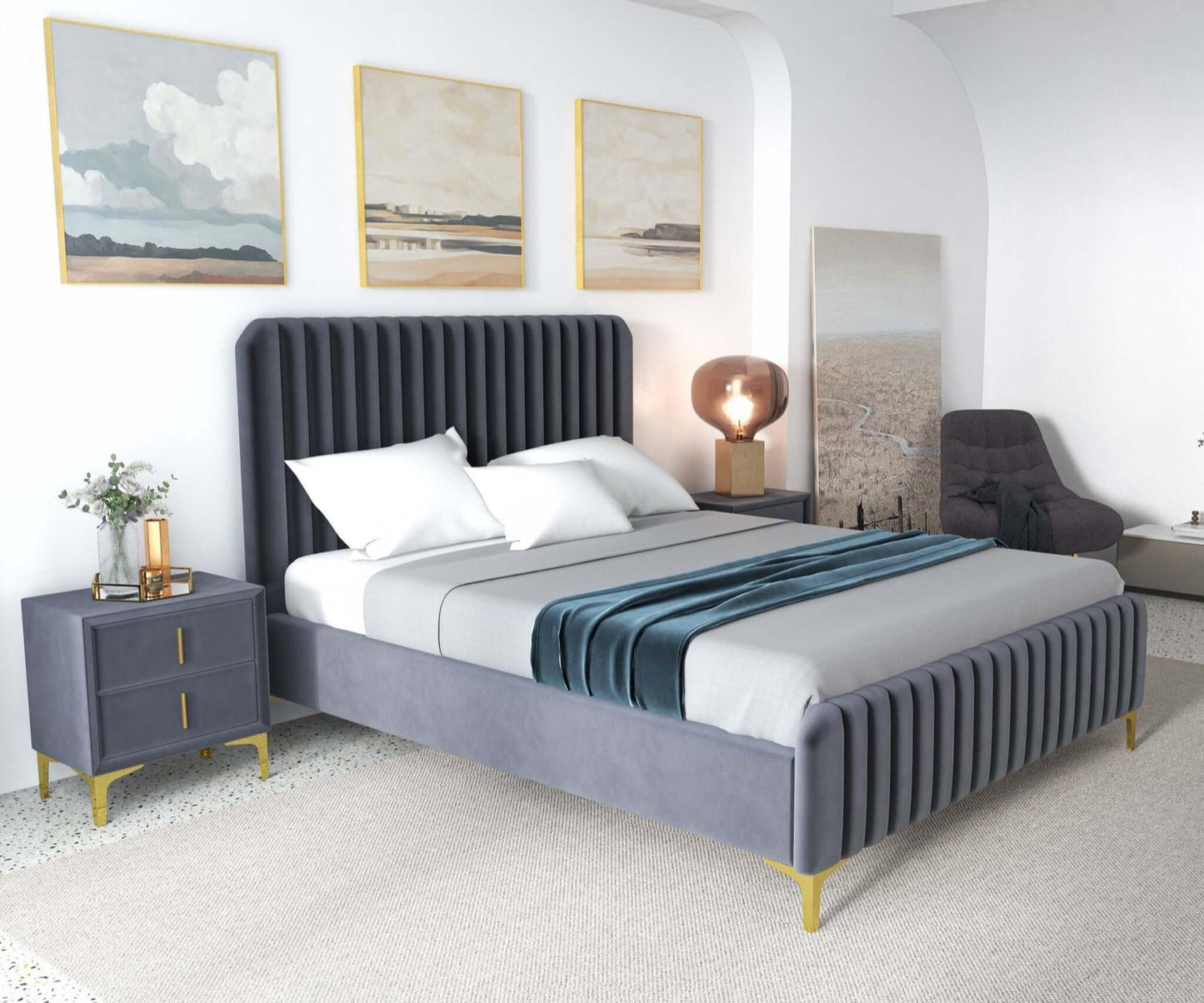 Bethany Grey Velvet Upholstered King Platform Bed