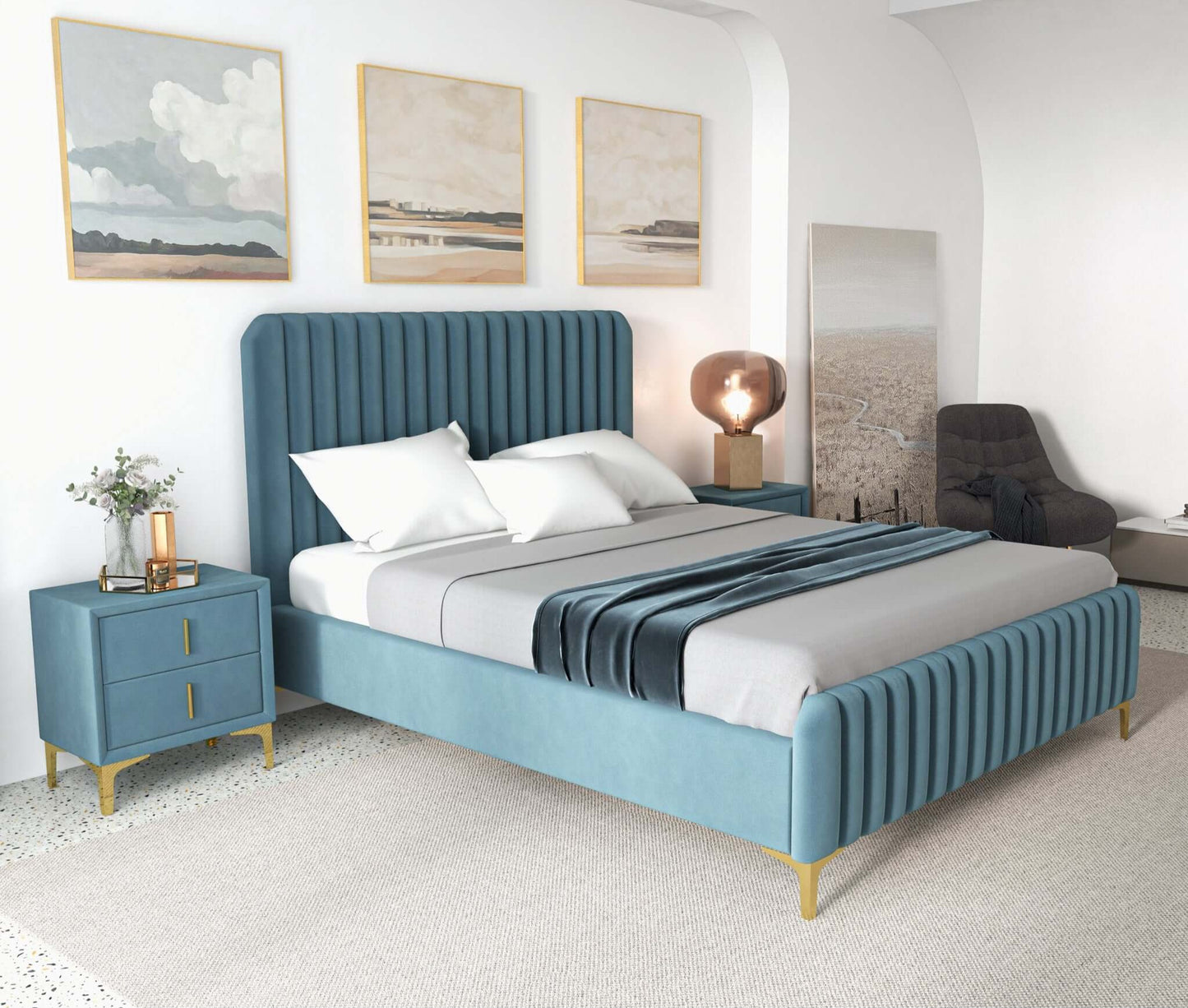 Bethany Sea Blue Velvet Upholstered King Platform Bed