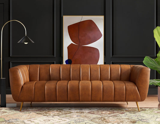 Ava Genuine Italian Tan Leather Channel Tufted Sofa