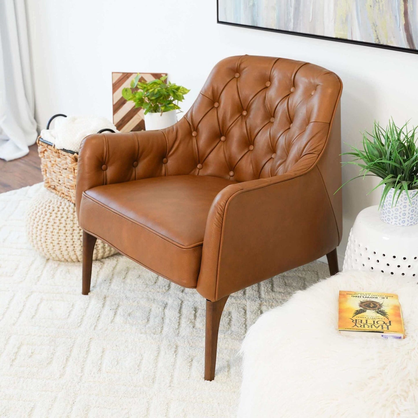 Joshua Mid-Century Modern Tufted Tan Leather Lounge Chair