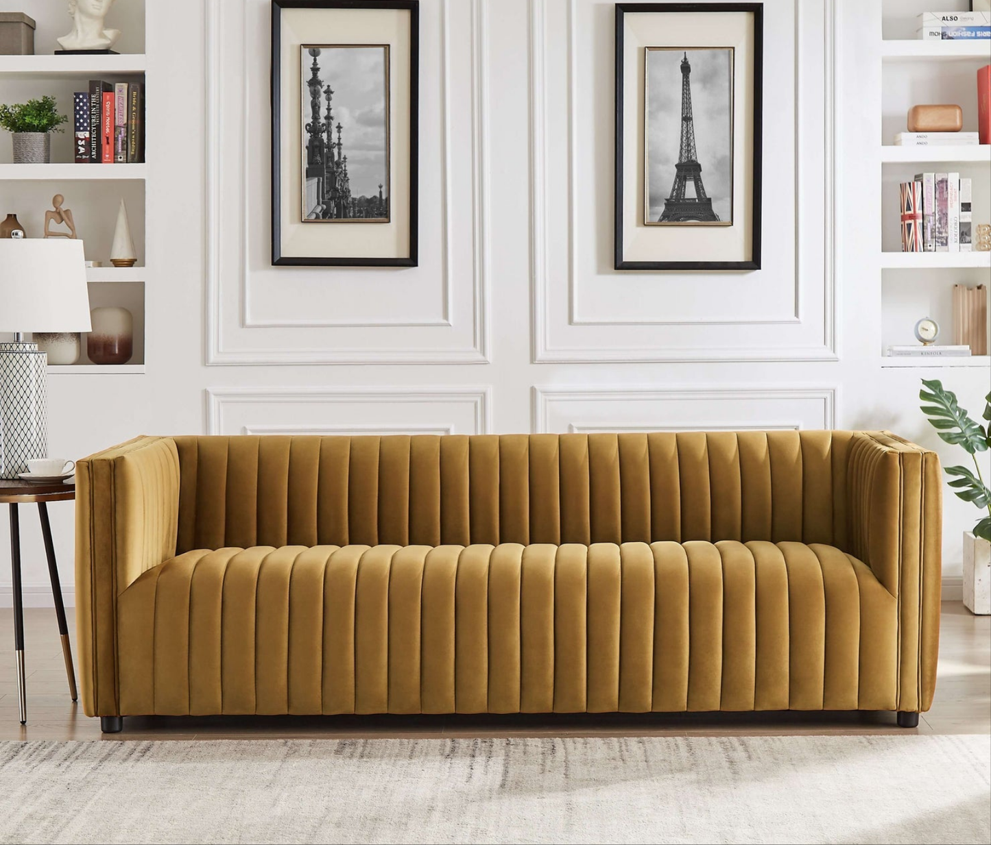 Dominic Channel Tufted Dark Yellow Velvet Sofa