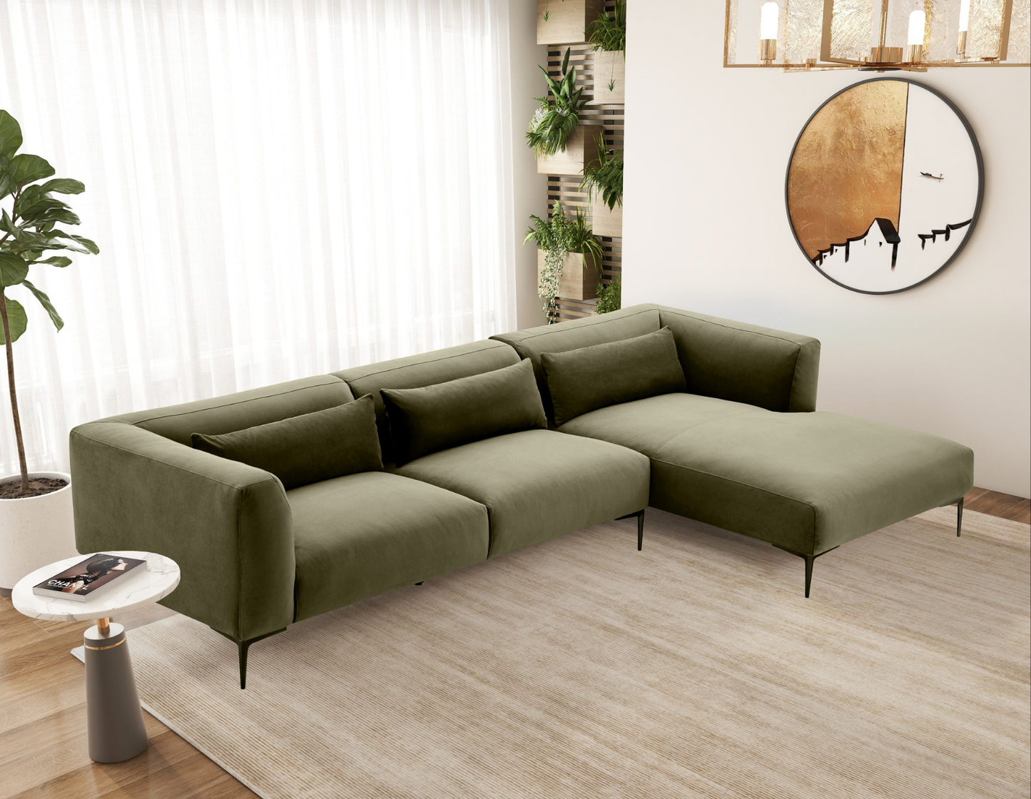 Laley Right-Facing L-Shaped Velvet Sectional in Green