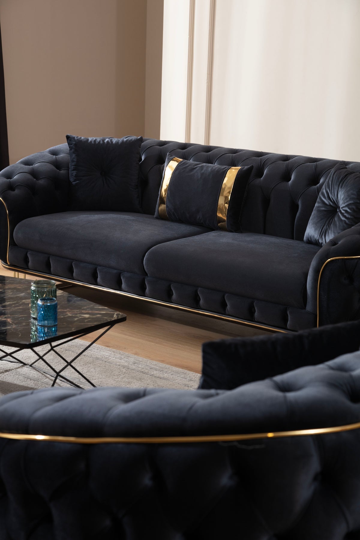 Rome Black Velvet 3pc Living Room Set