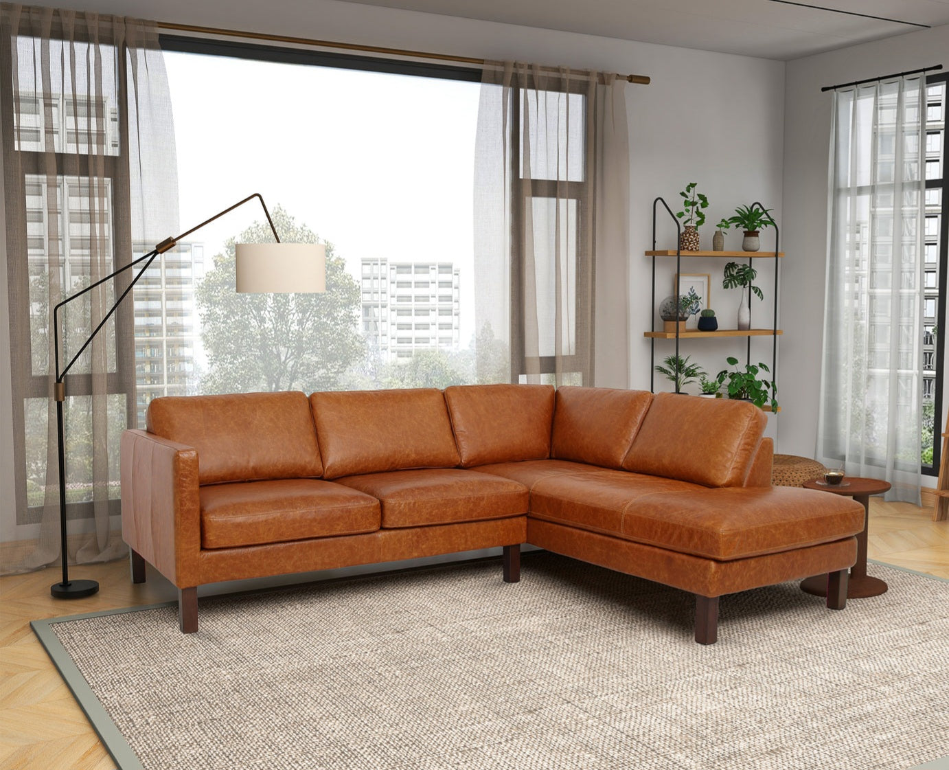 Juno Sectional Right or Left Waxy Cognac Genuine Leather Sofa