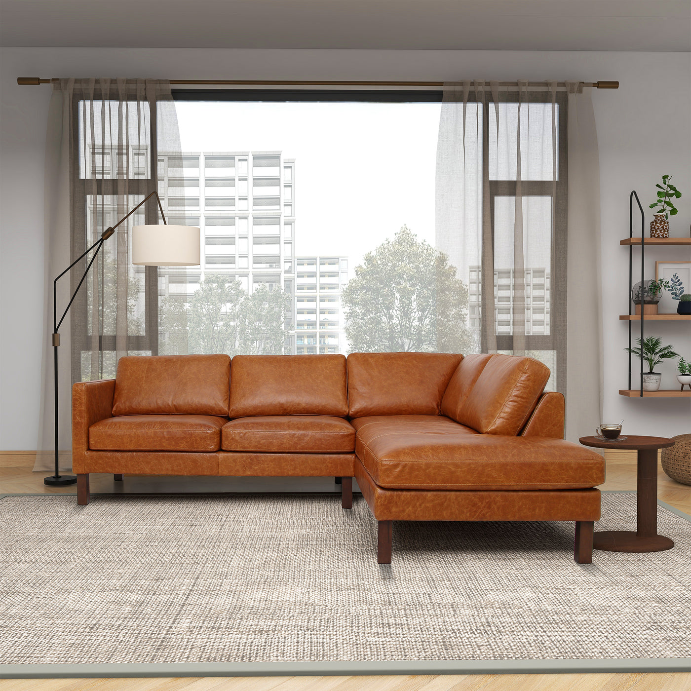 Juno Sectional Right or Left Waxy Cognac Genuine Leather Sofa