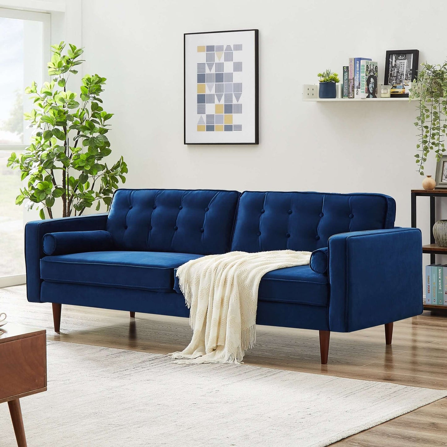 Casey 84" Mid-Century Modern Blue Velvet Sofa