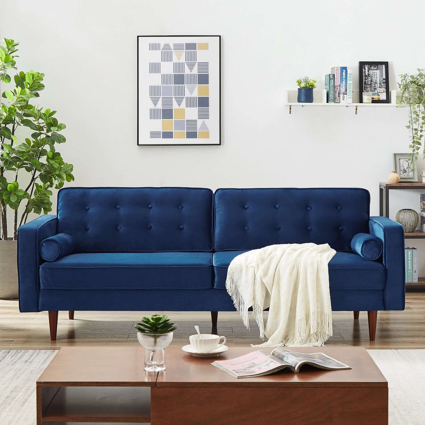 Casey 84" Mid-Century Modern Blue Velvet Sofa