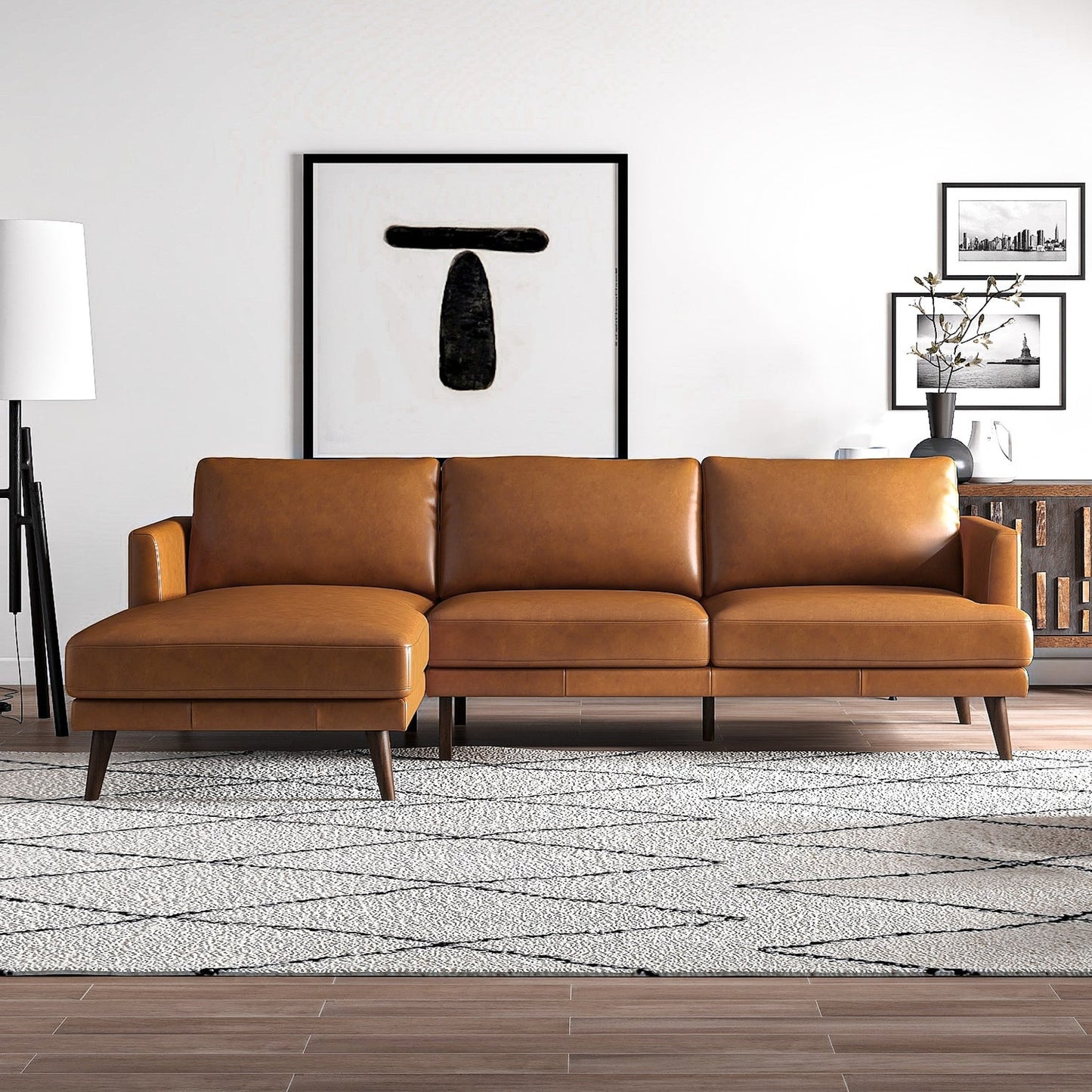 Lore Tan L-Shaped Genuine Leather RAF/LAF Sectional