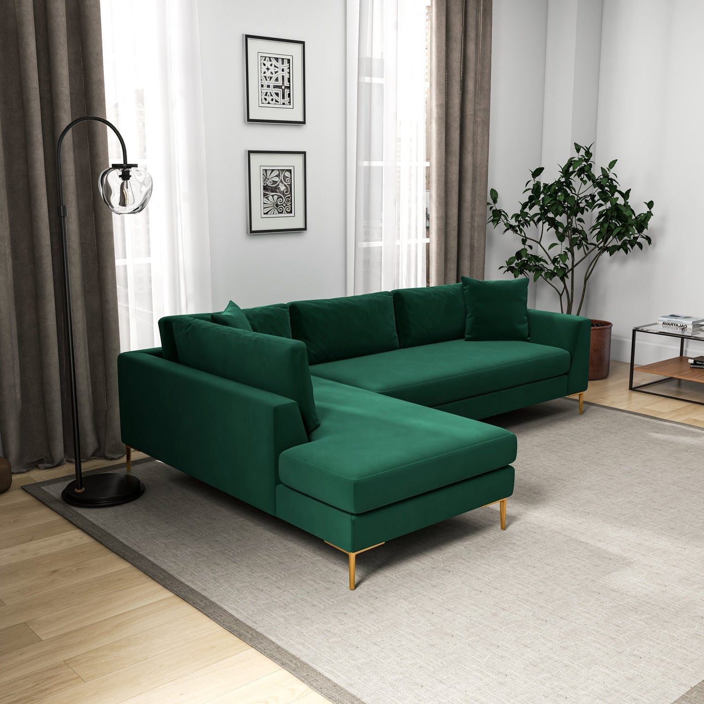 Mano 112" Green L-Shaped RAF/LAF Velvet Sectional