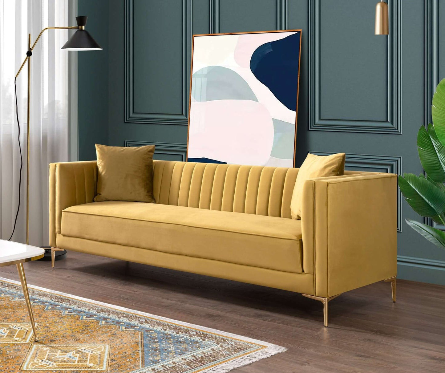 Angelina 84" Mid-Century Modern  Mustard Velvet Tufted Sofa