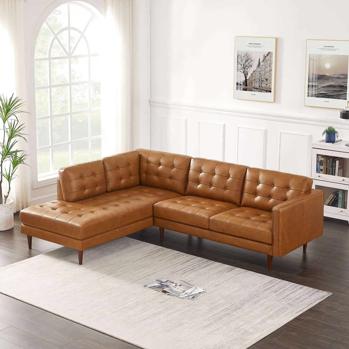 Lucco Cognac Modern L-Shaped Genuine Leather LAF Sectional