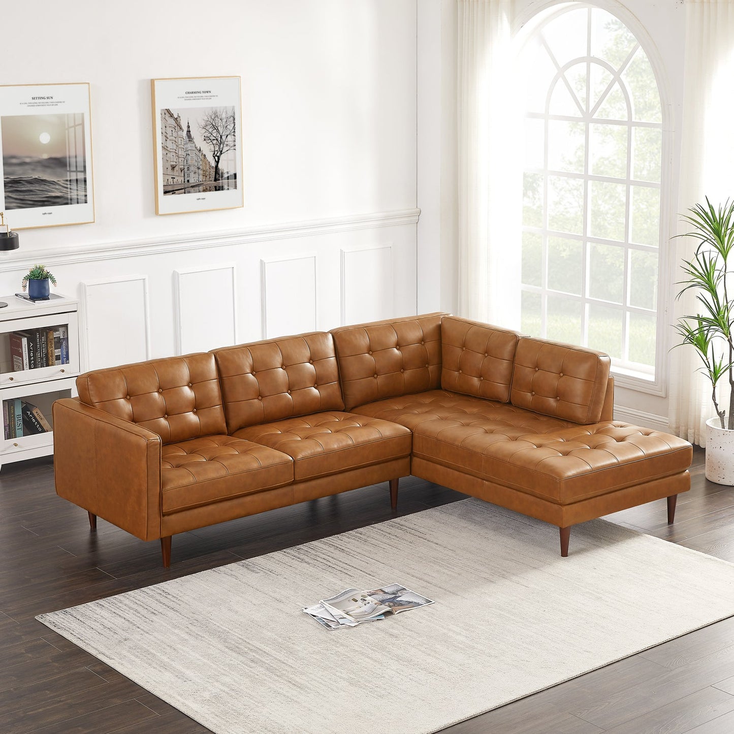 Lucco Cognac Modern L-Shaped Genuine Leather RAF Sectional