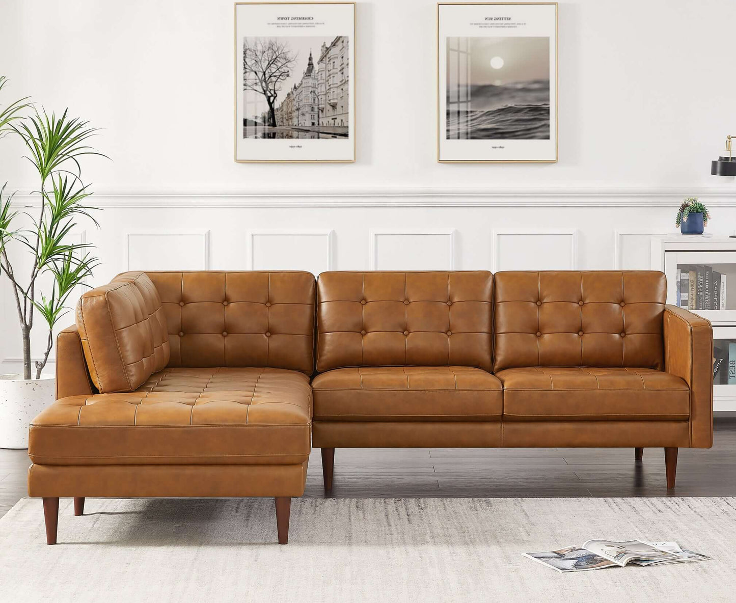 Lucco Cognac Modern L-Shaped Genuine Leather LAF Sectional