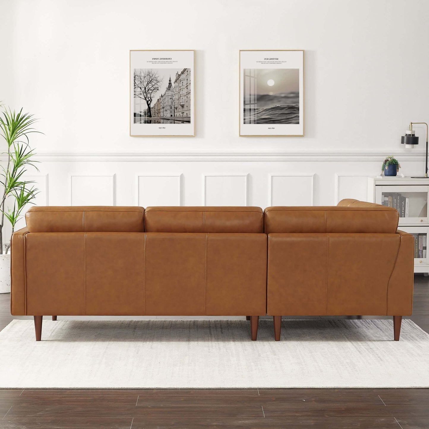 Lucco Cognac Modern L-Shaped Genuine Leather LAF Sectional