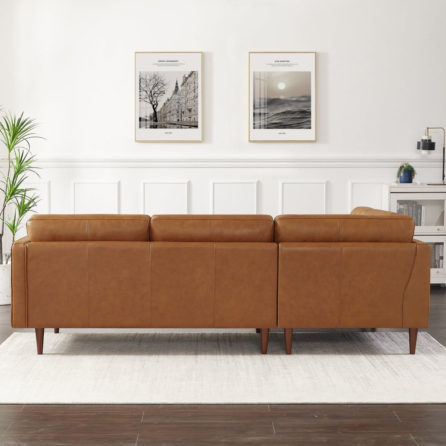 Lucco Cognac Modern L-Shaped Genuine Leather RAF Sectional