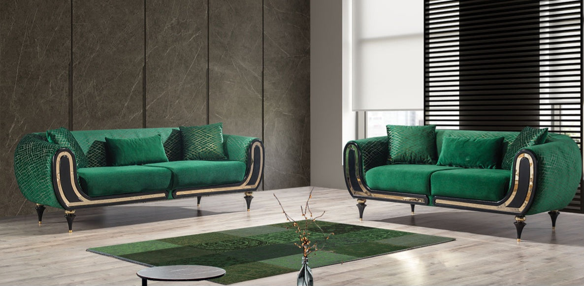 Avalon Sofa & Loveseat - Velvet Upholstery - Forest Green