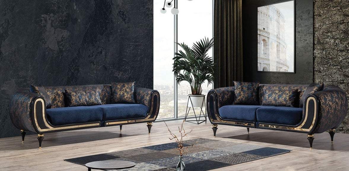 Avalon Sofa & Loveseat - Velvet Upholstery - Navy Blue