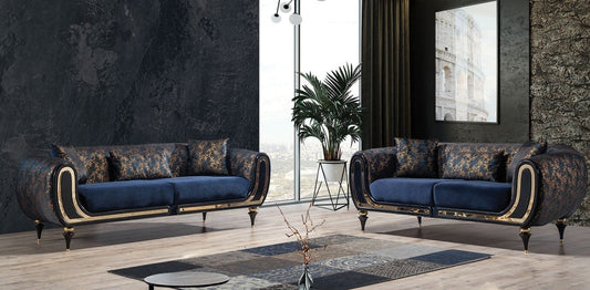 Avalon Sofa & Loveseat - Velvet Upholstery - Navy Blue