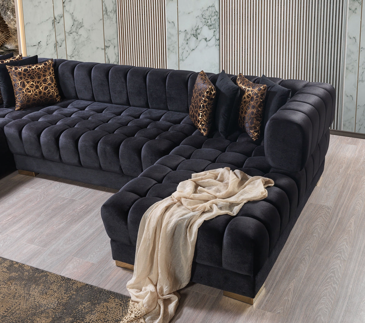 Ariana Velvet Black Double Chaise 138" Sectional