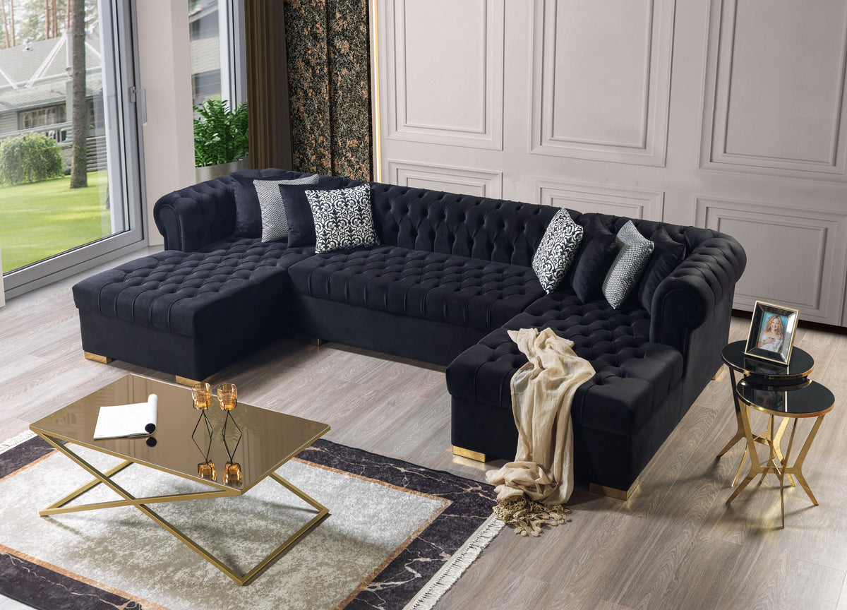 Lauren Velvet Black Double Chaise 136" Sectional