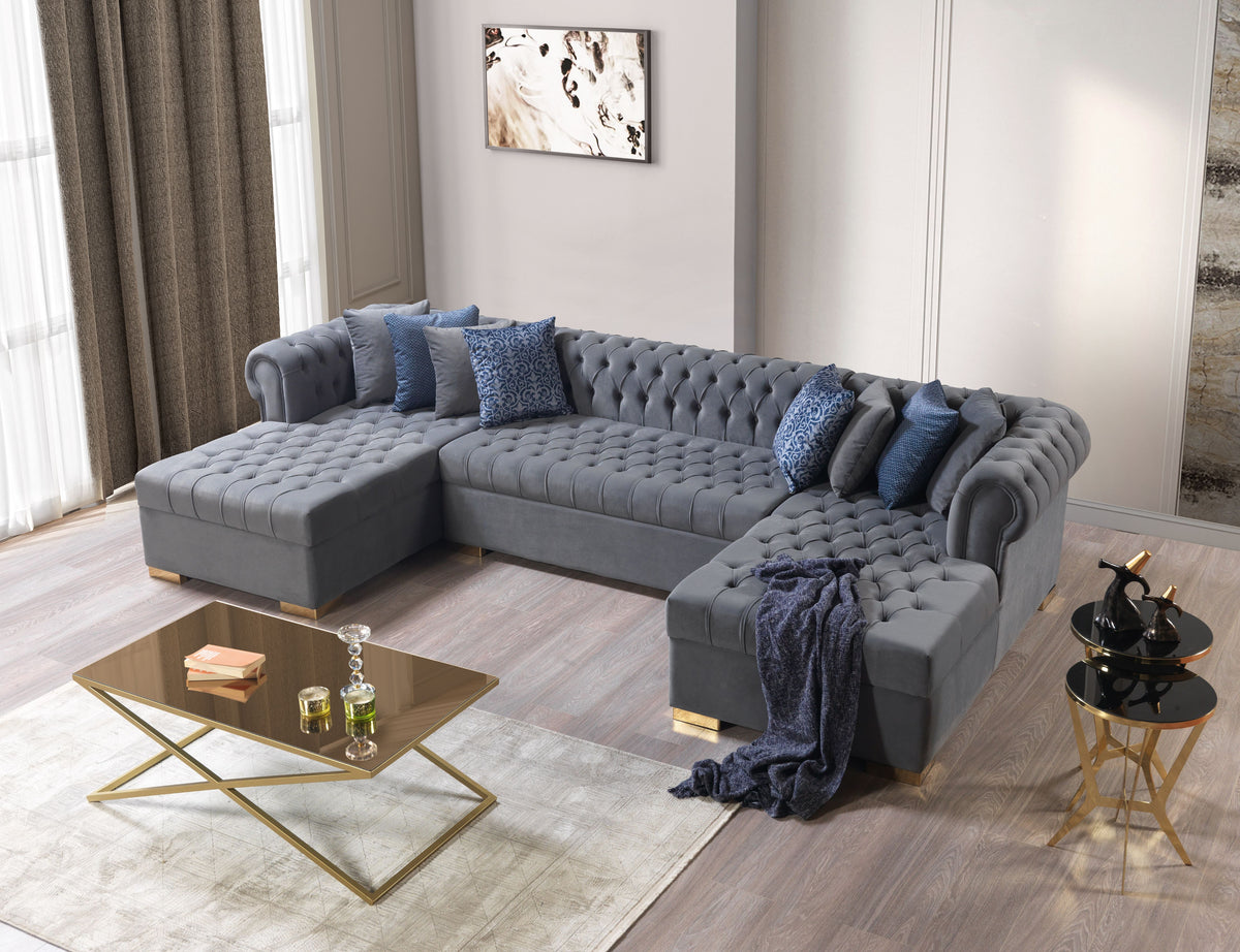 Lauren Velvet Grey Double Chaise 136" Sectional