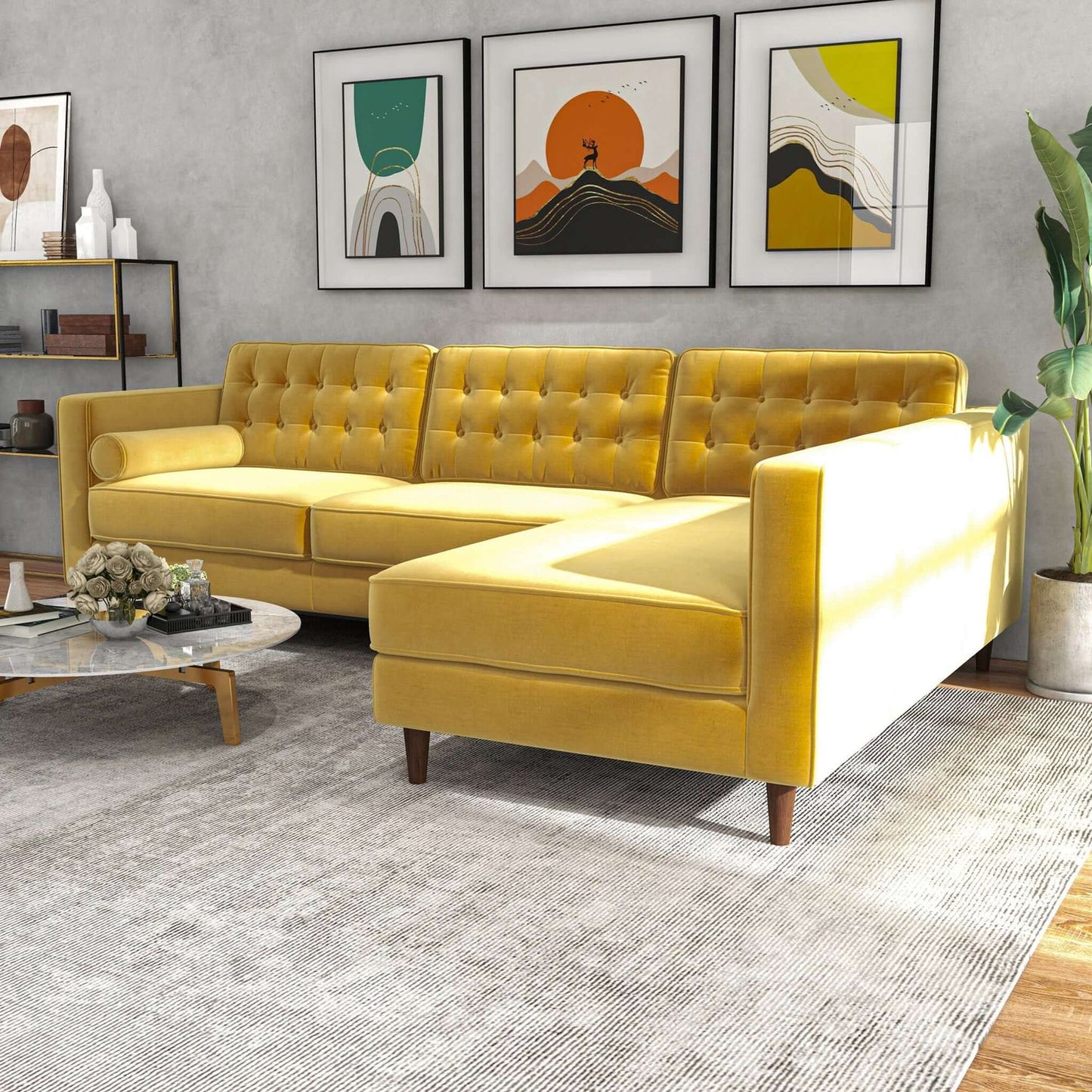 Christian 103" Mid-Century Modern Yellow Velvet Sectional