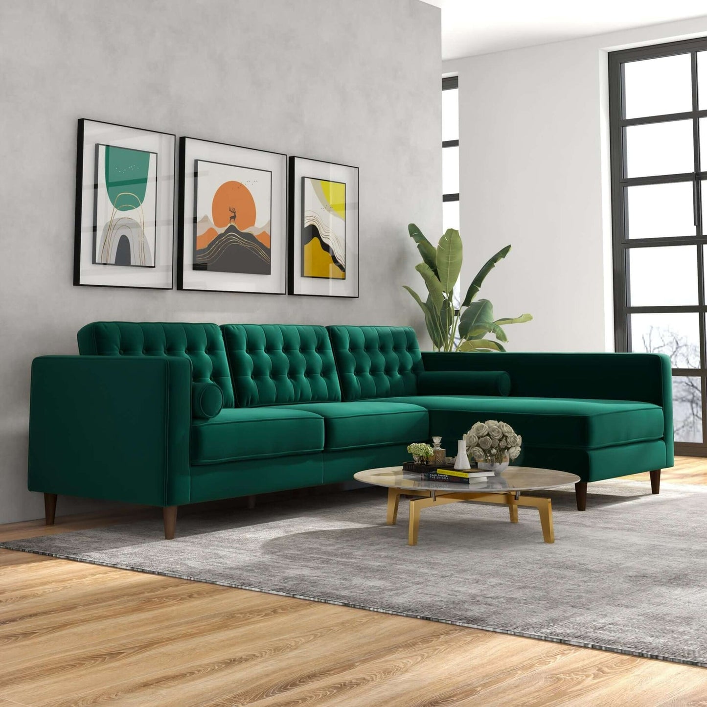 Christian 103" Mid-Century Modern Green Velvet Sectional