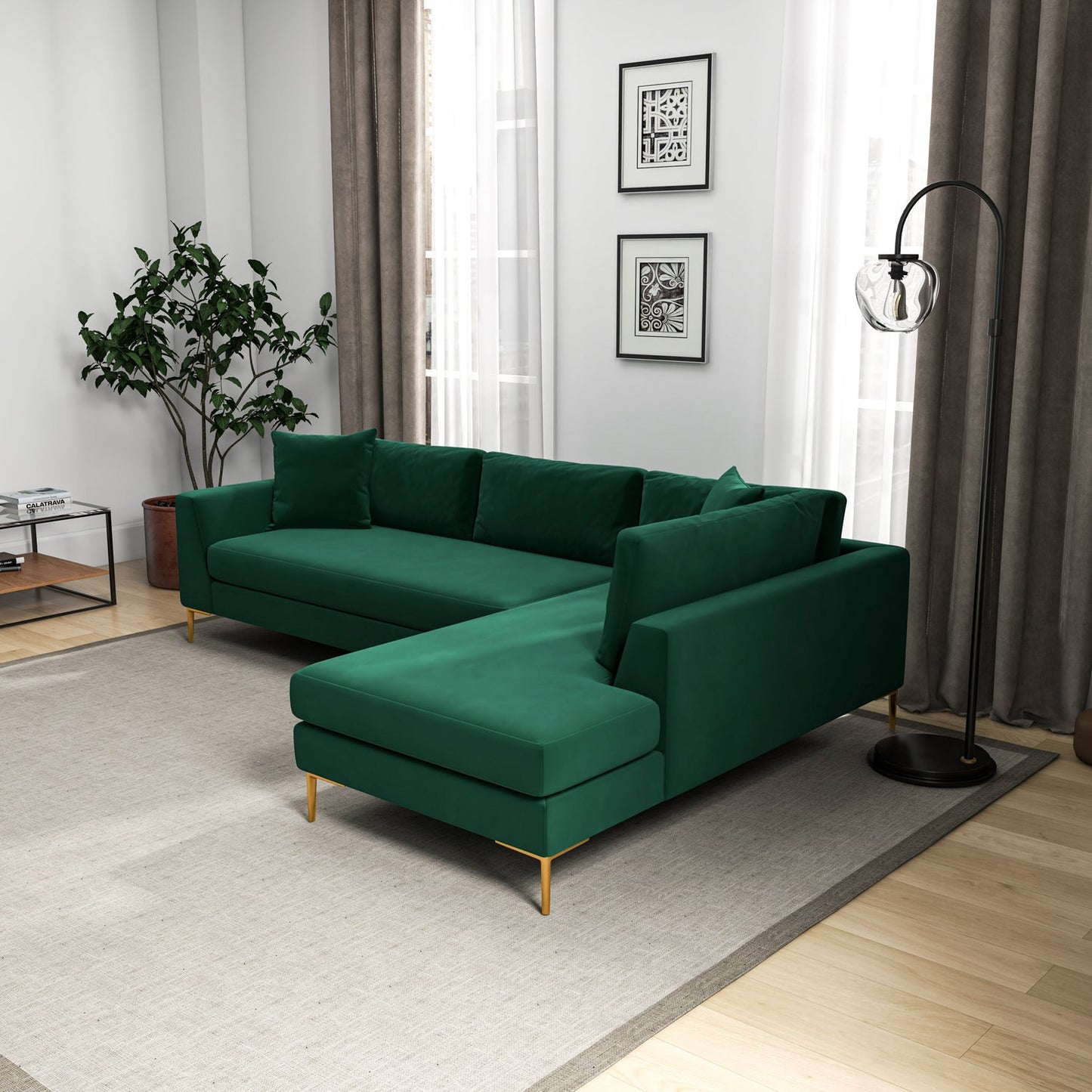 Mano 112" Green L-Shaped RAF/LAF Velvet Sectional