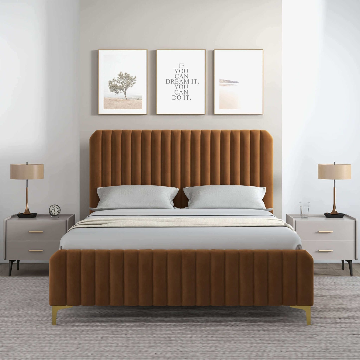 Valery King  Cognac Velvet Platform Bed