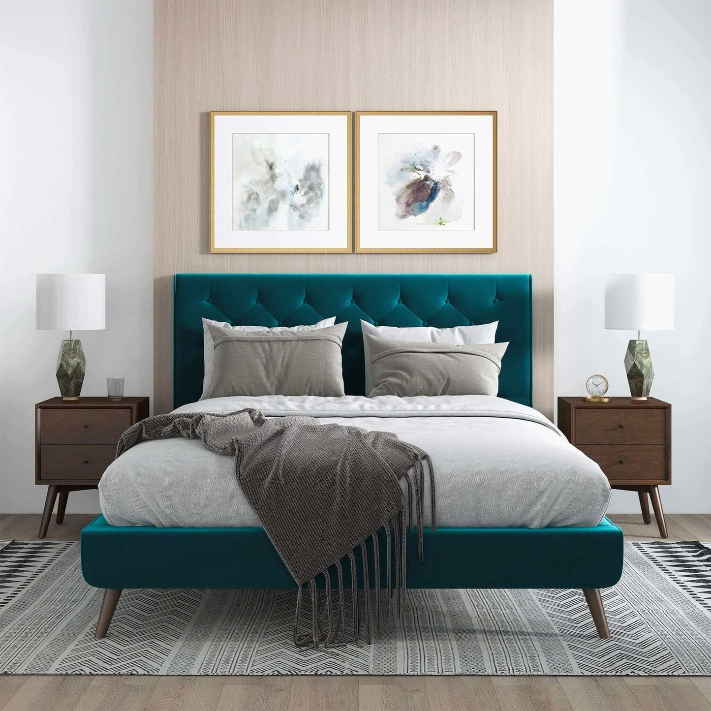 Dillon Mid-Century Modern Teal Velvet Queen Platform Bed