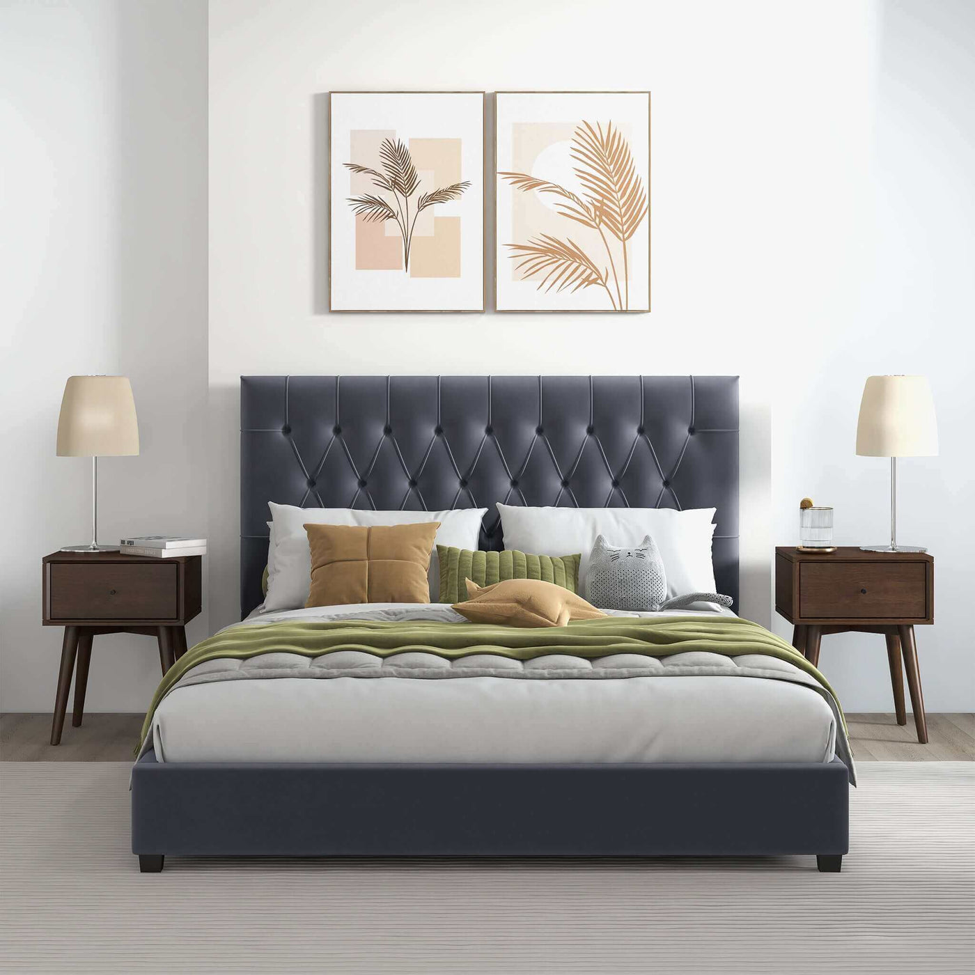 Donald Mid Century Modern Grey Queen Velvet Platform Bed